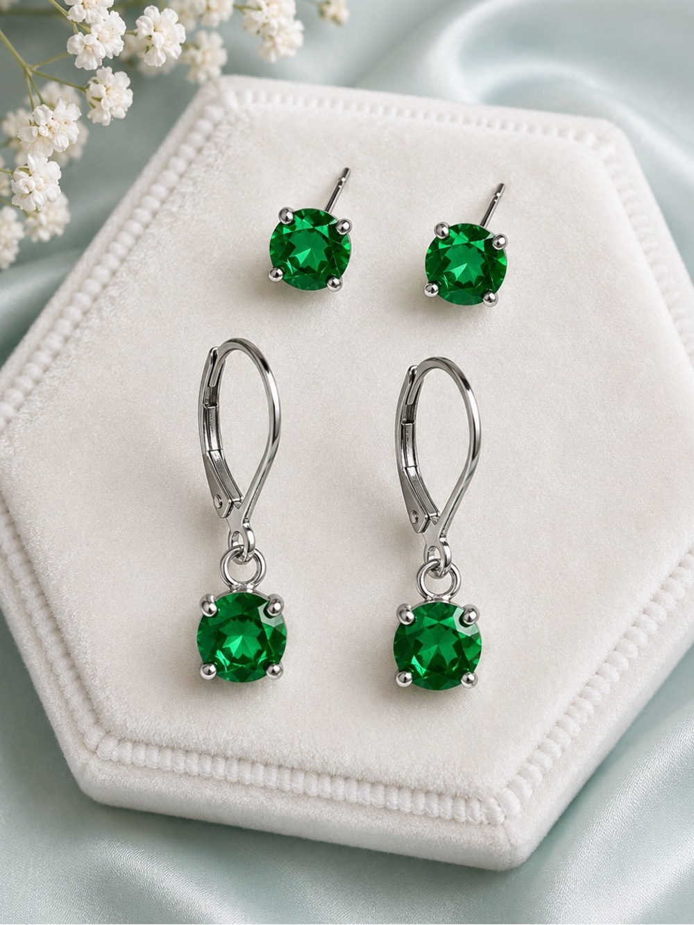 NEW Emerald Green Hypoallergenic Sterling Steel Pierced Earrings Set